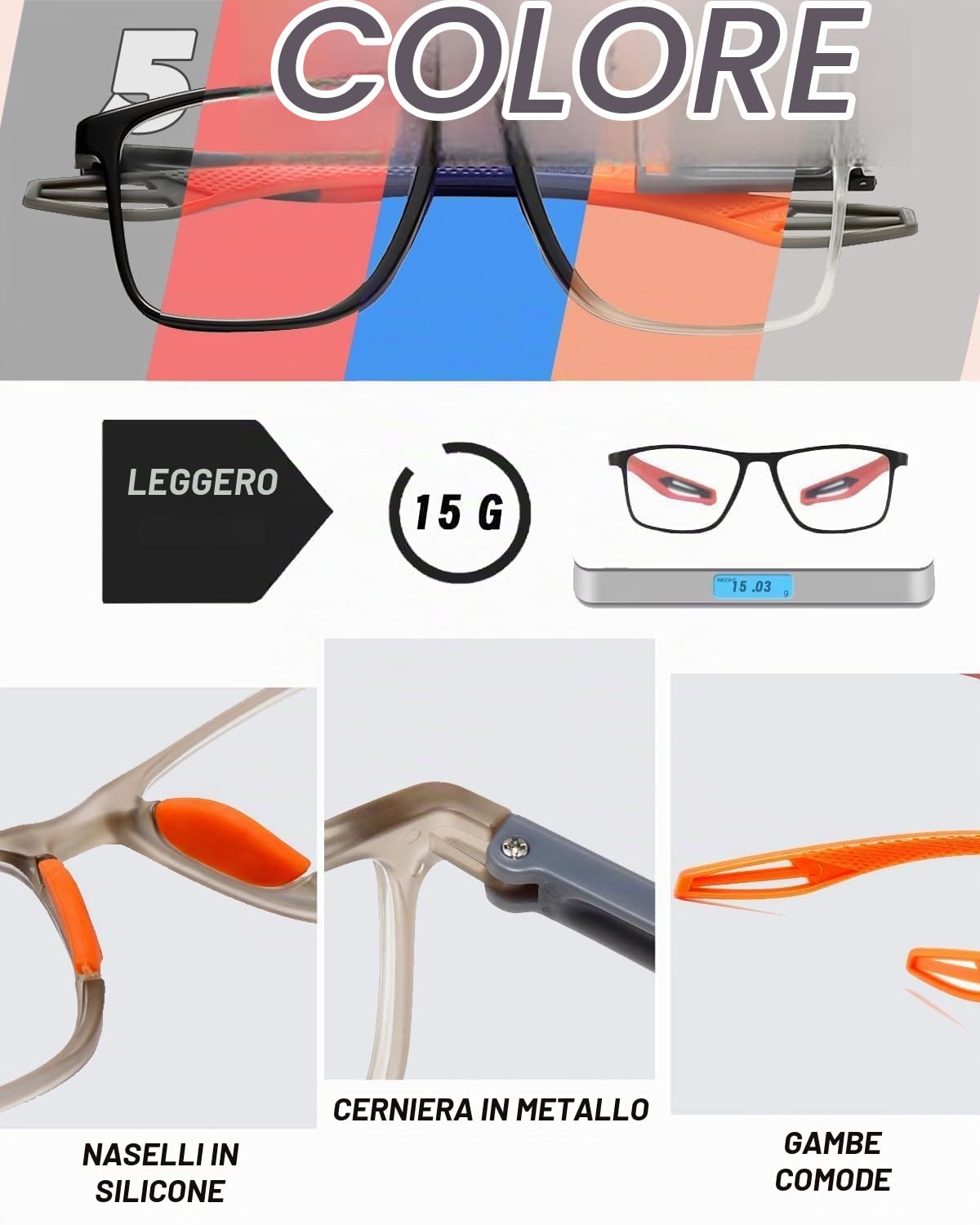 Hubeye TR90 Sports Occhiali Lettura 0.0 Anti Luce Blu 5 Paia