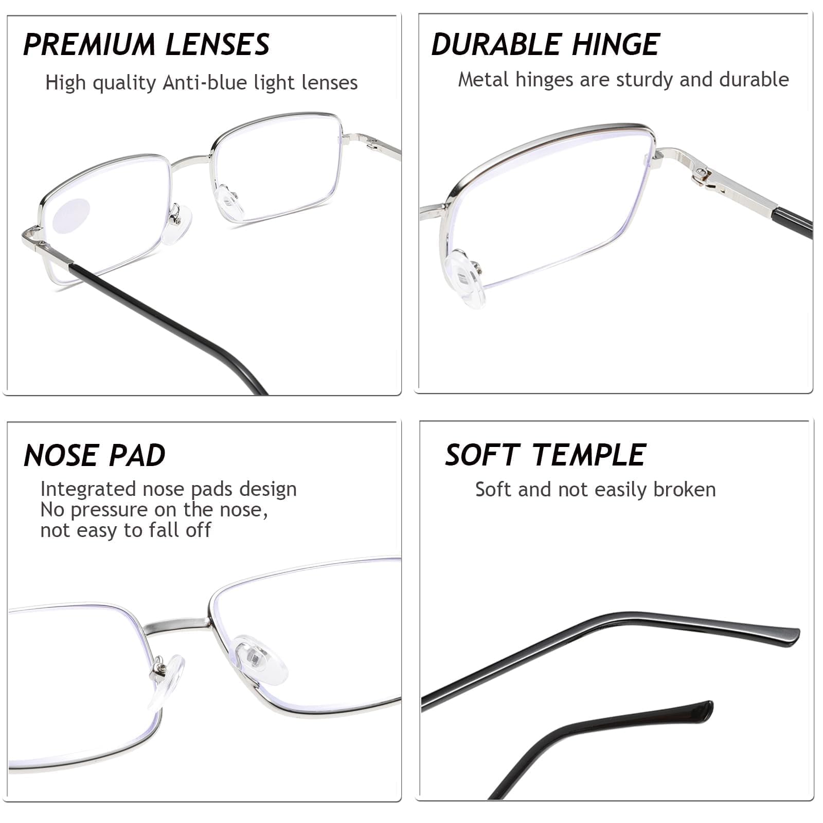 Hubeye Metal Square Frame Occhiali da Lettura 1.5 Anti Luce Blu