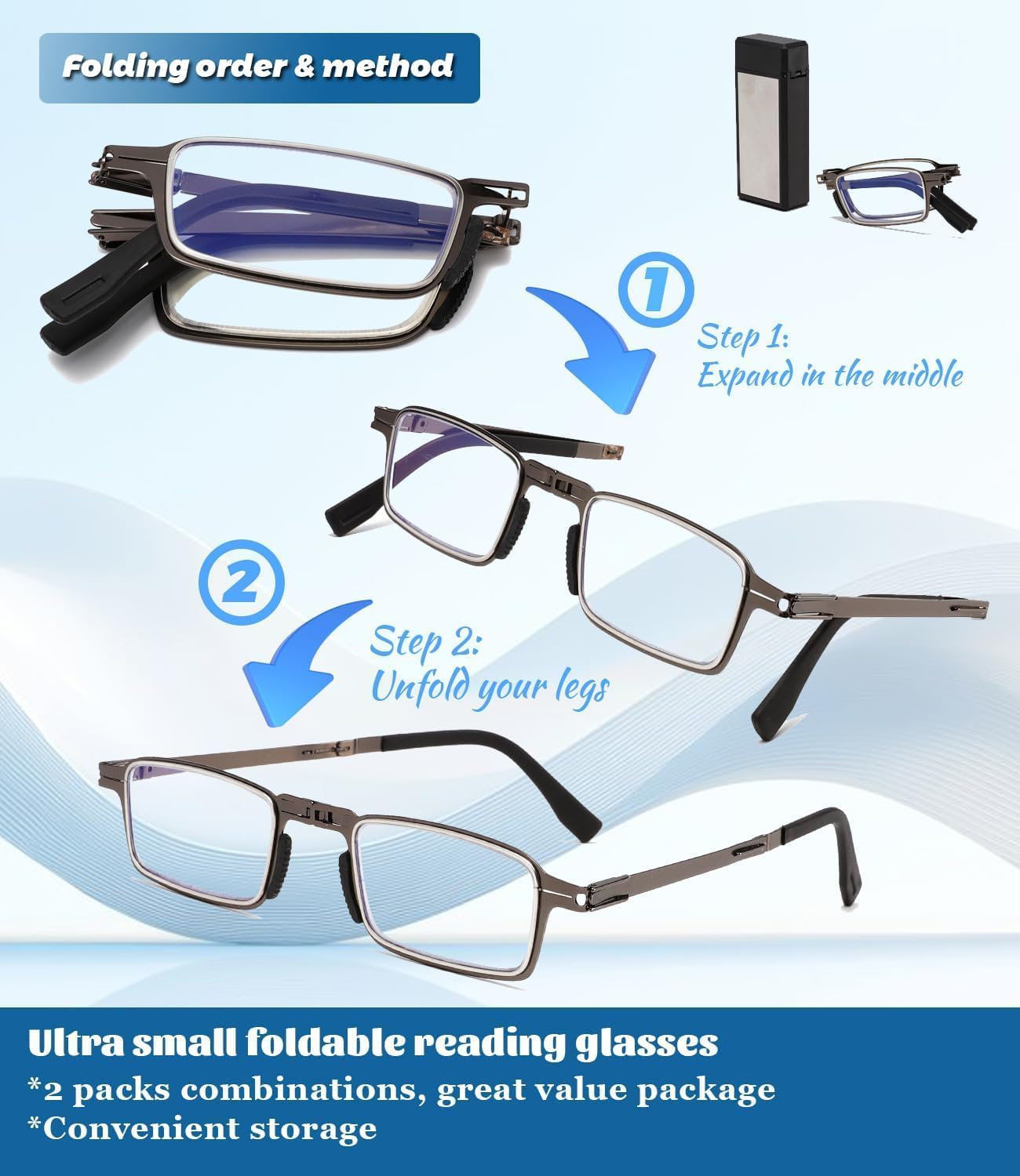 Hubeye Ultra Thin Folding Reading Glasses pieghevoli acciaio 2.0 luce blu
