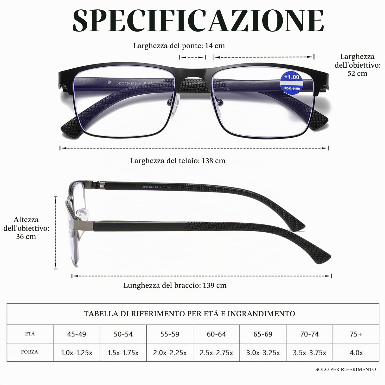 Hubeye Metal Square Occhiali da Lettura 1.5 3 Pezzi Metallo