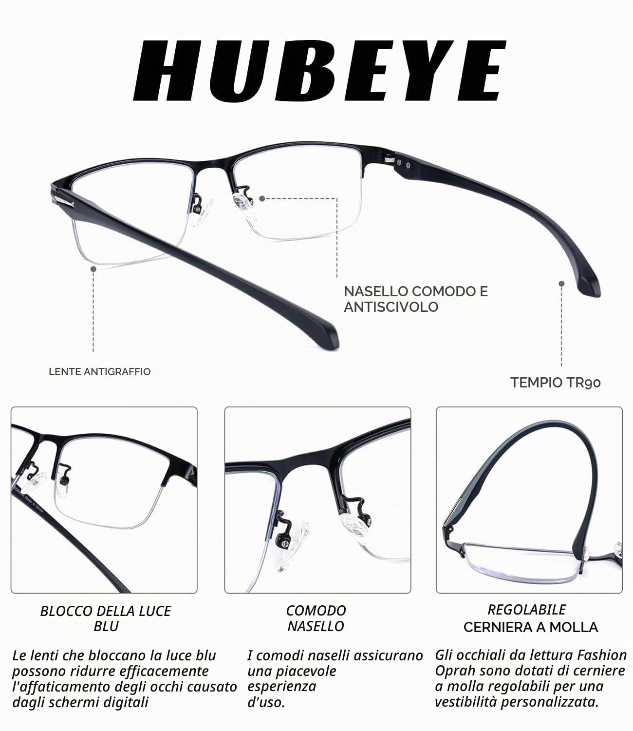 Hubeye Half Moon Occhiali Lettura 1,5 Mezza Montatura Anti Luce Blu