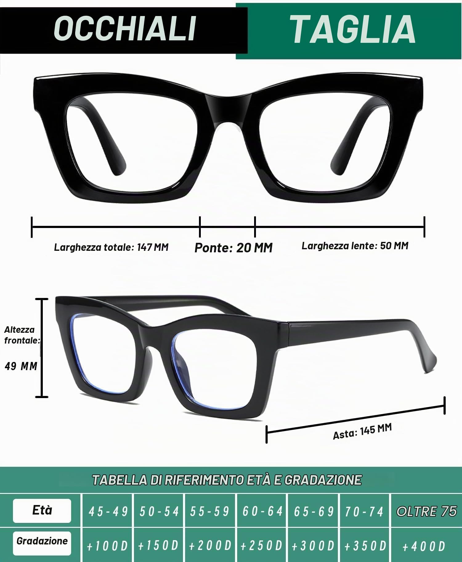 Hubeye Retro Oversized occhiali lettura +2.50 nero verde luce blu