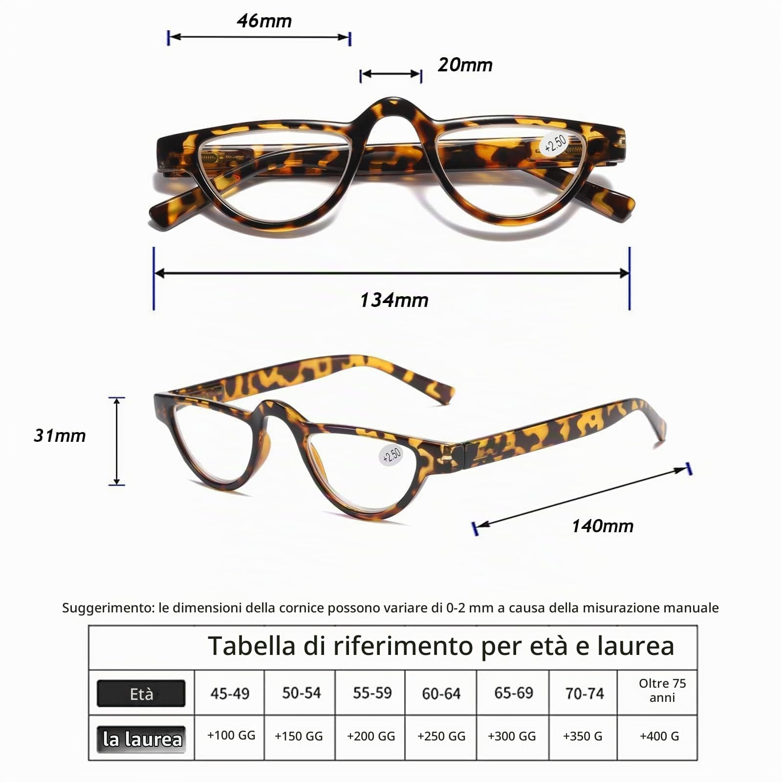 Hubeye Half Moon Occhiali da Lettura 1.5 Mezzaluna 2 Paia