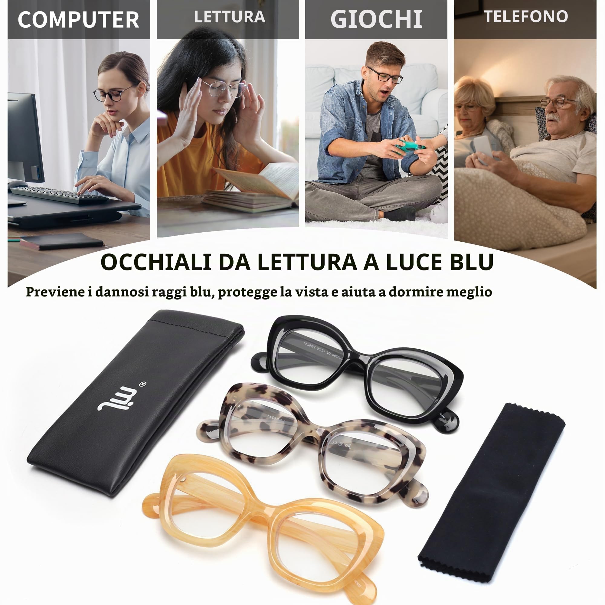 JM Occhiali da Lettura con Blocco Luce Blu occhiali lettura 2.0 occhio gatto 3 paia