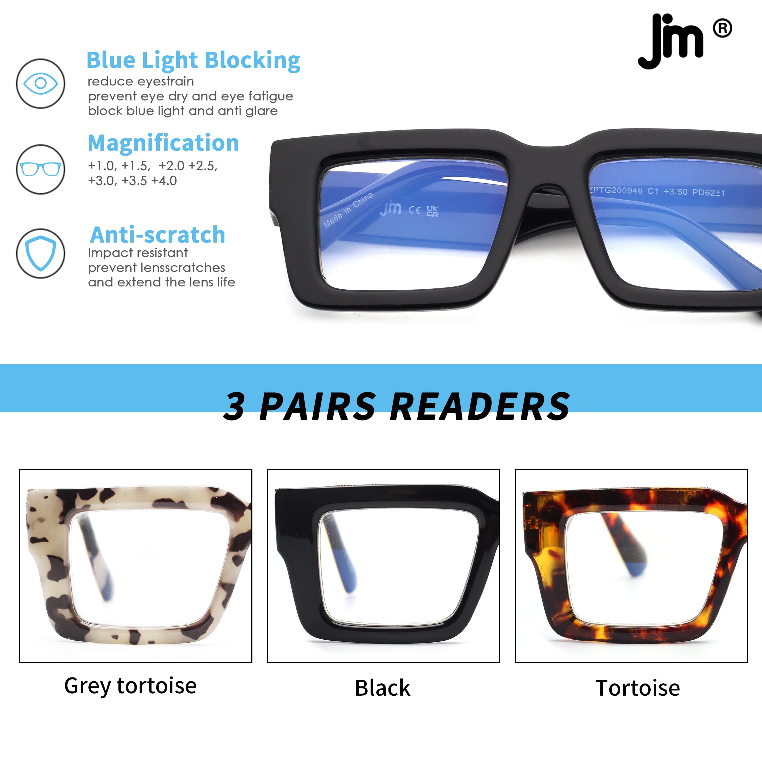 JM Occhiali da Lettura con Blocco Luce Blu lettura 2.0 molla 3 paia