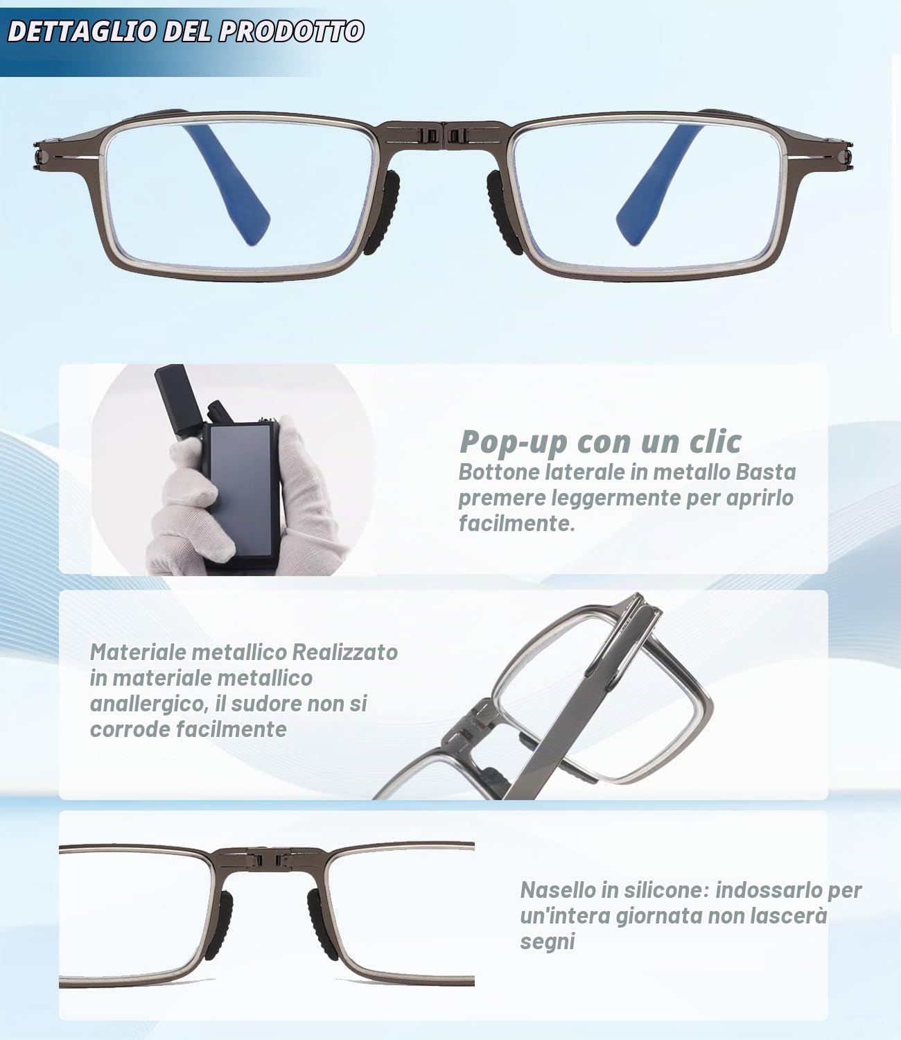 Hubeye Ultra Thin Folding Reading Glasses pieghevoli acciaio 2.0 luce blu