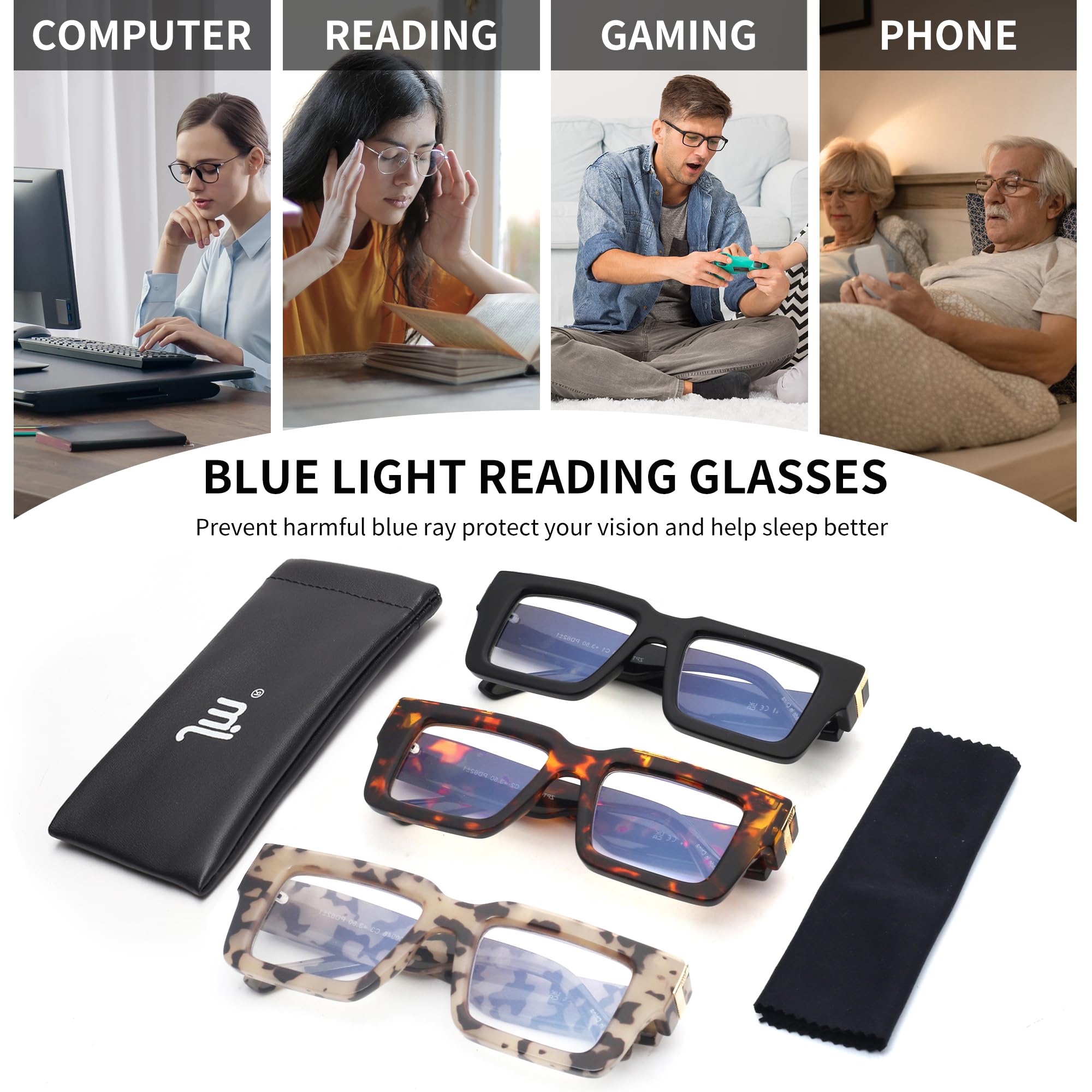 JM Occhiali da Lettura con Blocco Luce Blu lettura 2.0 molla 3 paia
