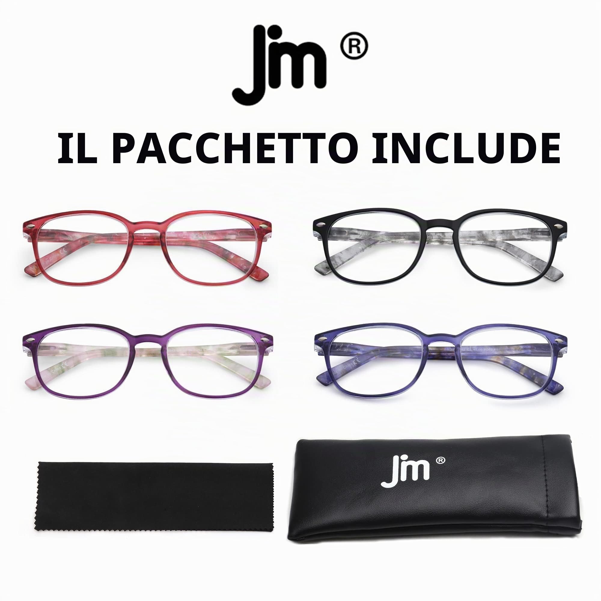 JM Occhiali da Lettura quadrati 4 pack colori misti +2.00