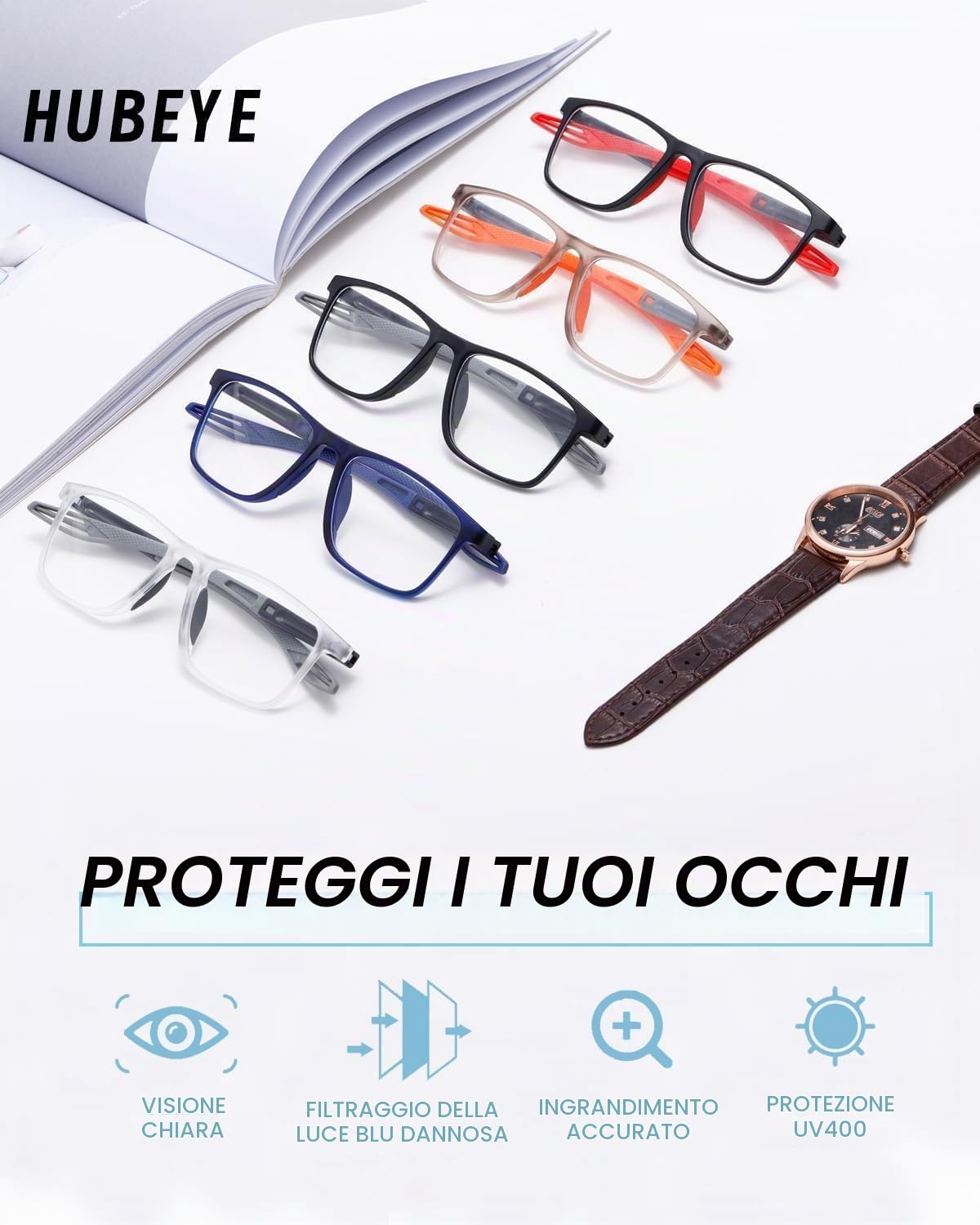Hubeye TR90 Sports Occhiali Lettura 0.0 Anti Luce Blu 5 Paia