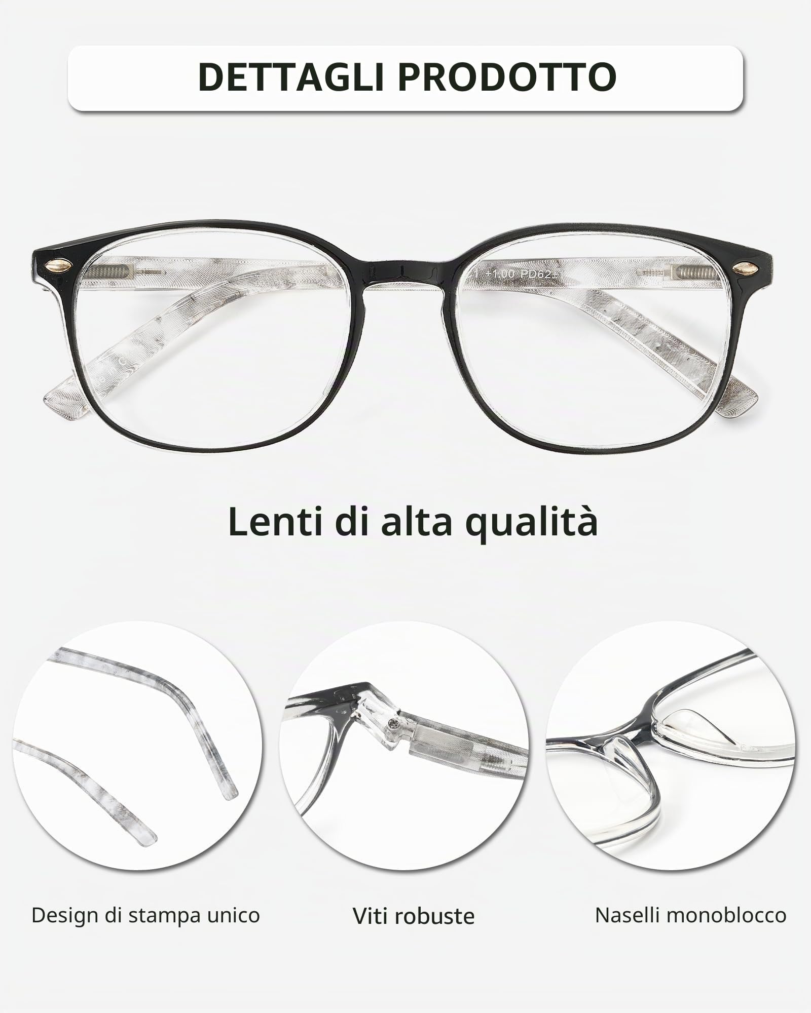 JM Occhiali da Lettura quadrati 4 pack colori misti +2.00