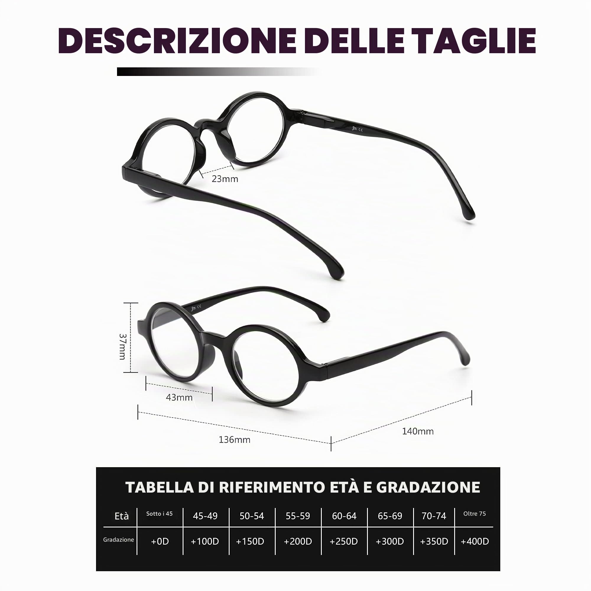 JM Occhiali da Lettura rotondi 2.5 cerniera a molla 4 paia leggeri